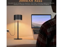 NETTLIFE Lámpara De Mesa-Lámpara de mesa LED inalámbrica (paquete de 2): lámpara de mesa regulable al tacto con 3 temperaturas de color, altura ajustable, USB Negro
