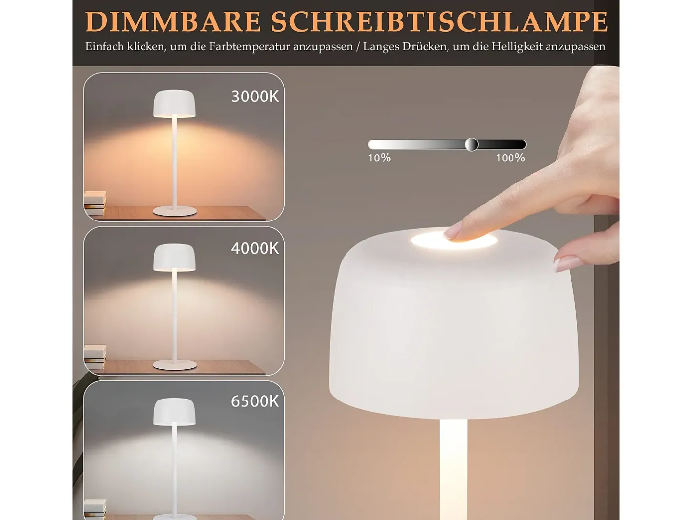 NETTLIFE Lámpara De Mesa-Lámpara de mesa LED inalámbrica, lámpara de noche continua con batería Blanco