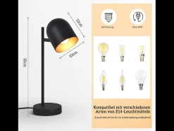 NETTLIFE Lámpara de mesa Lámpara de noche Retro Dorado Metal E14 Sin bombilla Negro Clearance