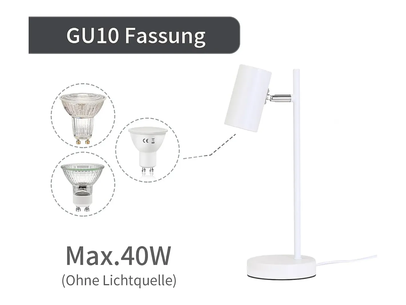 NETTLIFE lámpara de mesilla de noche, lámpara de mesa blanca giratoria 350° GU10, de metal, para oficina. Blanco Hot