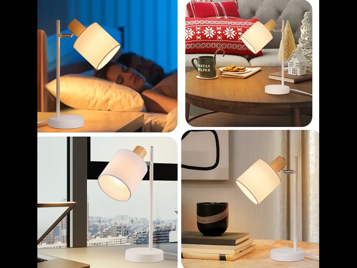 NETTLIFE Lámpara De Mesa-Lámpara de noche vintage de madera 35,5cm E14 blanca Pantalla de tela con interruptor Ajustable sin bombilla Blanco