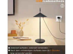 NETTLIFE Lámpara De Mesa-Lámpara de noche inalámbrica, paquete de 2 LED táctil negra regulable 1800 mhA, recargable con USB, LED integrado permanentemente, IP44 Negro