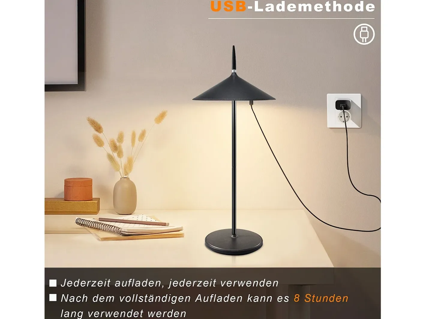 NETTLIFE Lámpara De Mesa-Lámpara de noche inalámbrica, paquete de 2 LED táctil negra regulable 1800 mhA, recargable con USB, LED integrado permanentemente, IP44 Negro