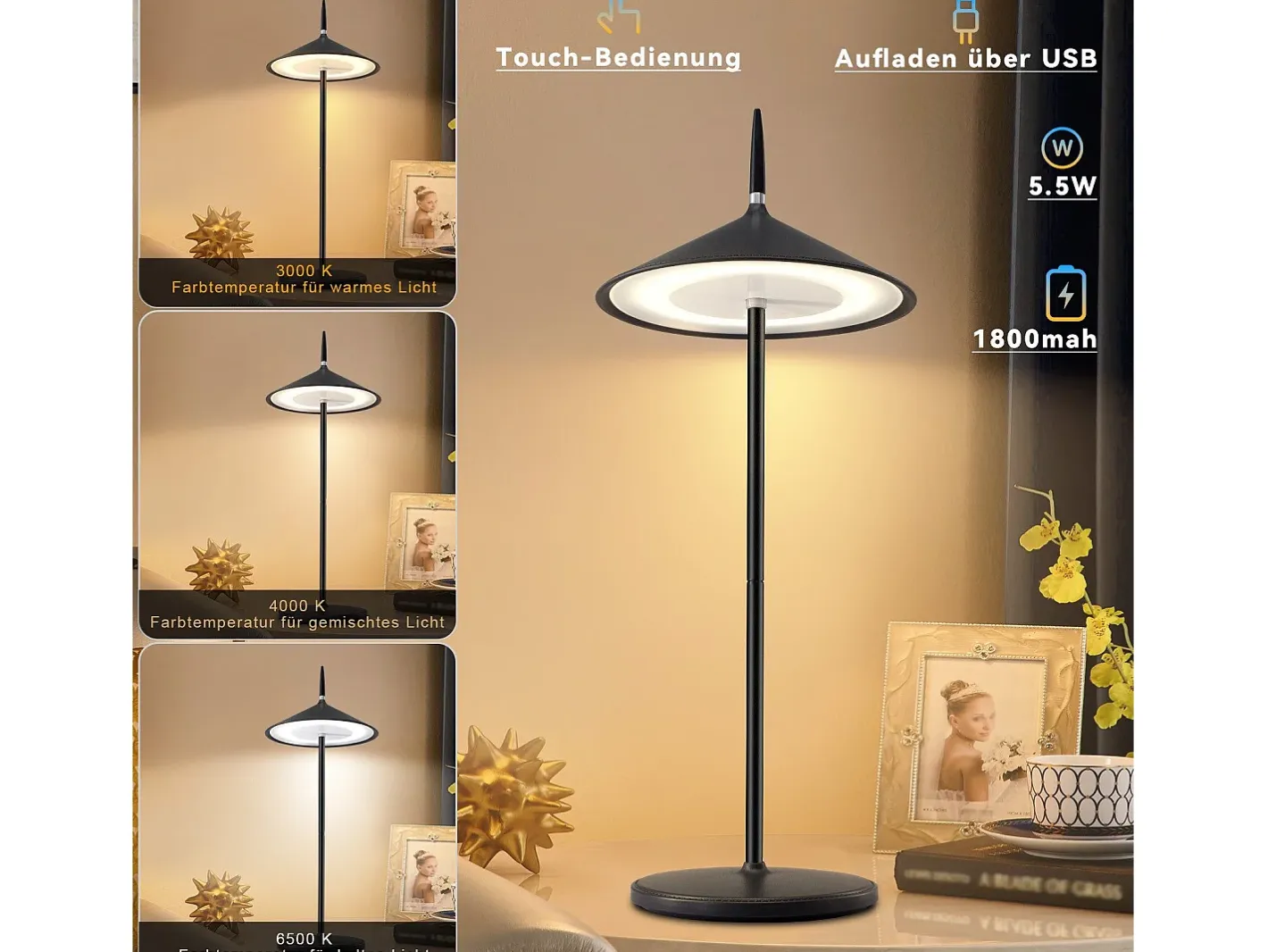 NETTLIFE Lámpara De Mesa-Lámpara de noche inalámbrica, paquete de 2 LED táctil negra regulable 1800 mhA, recargable con USB, LED integrado permanentemente, IP44 Negro