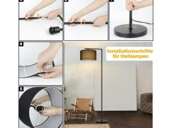 NETTLIFE Lámpara de pie de salón negra: tela de diseño moderno Casquillo E27 máx. 40W con interruptor de pie Lámpara de cama de 166 cm sin bombilla. Negro Best