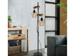 NETTLIFE Lámpara de pie de salón vintage, en madera con 2 llamas en diseño industrial de metal interruptor negro E27 - altura: 151 cm - sin bombilla Marru00f3n New