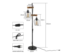 NETTLIFE Lámpara de pie de salón vintage, en madera con 2 llamas en diseño industrial de metal interruptor negro E27 - altura: 151 cm - sin bombilla Marru00f3n New