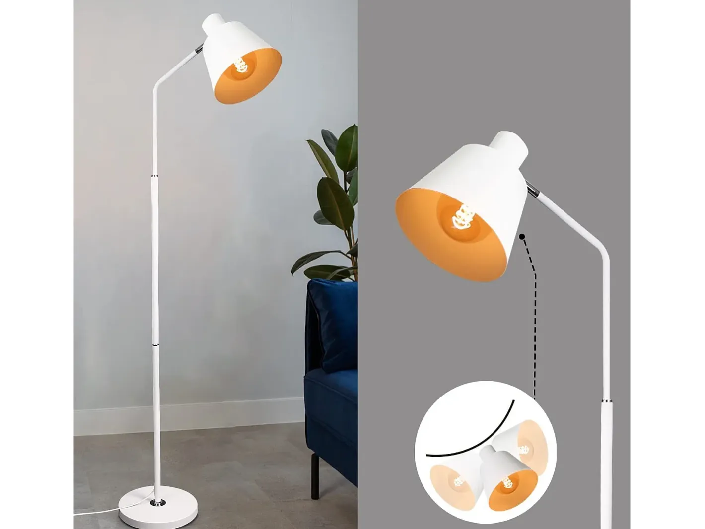 NETTLIFE Lámpara De Pie-Lámpara de Pie para Salón, Lámpara de Pie Vintage - 166cm, Diseño Retro, Lámpara de Pie de Metal con Casquillo E27, Máximo 40W Blanco