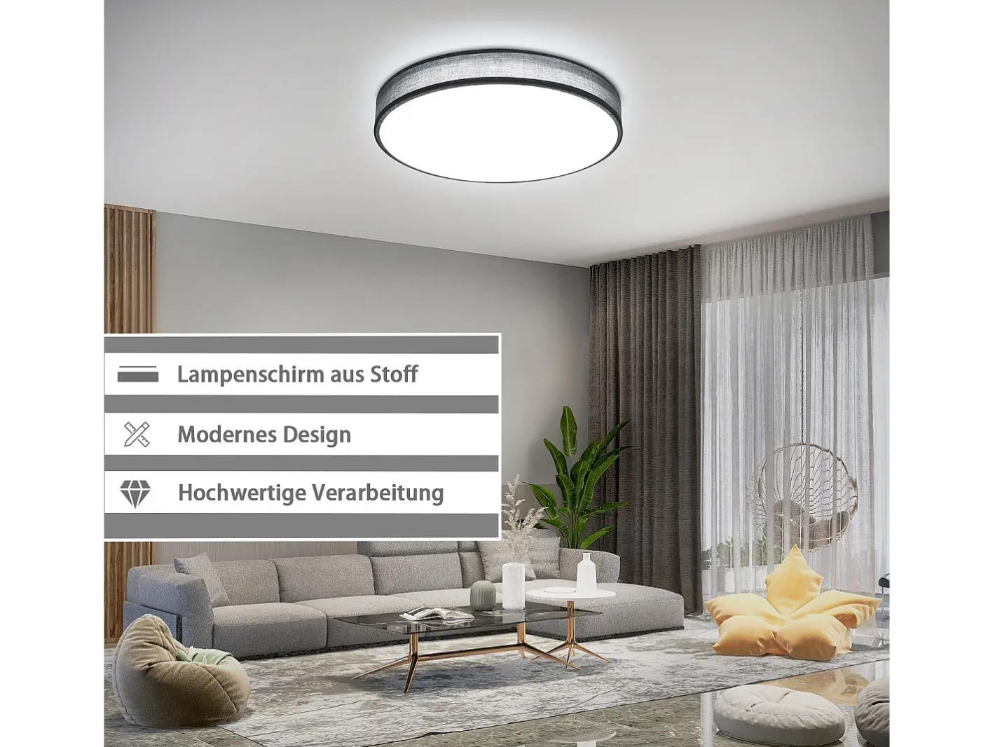NETTLIFE Plafón-Lámpara de Techo LED 38W Redonda Moderna Regulable con Control Remoto Lámpara de Dormitorio con Pantalla de Tela Lámpara de para Gris
