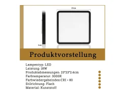 NETTLIFE Plafón-Lámpara de techo LED plana para dormitorio, 23 cm, 18 W, cuadrada, negra, 3000 K Negro