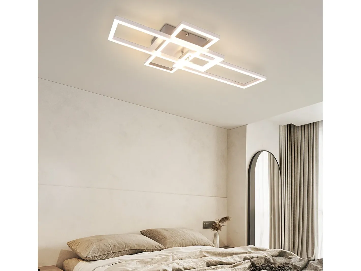 Sale NETTLIFE Lámpara de techo LED para dormitorio, color , regulable, 64 cm, 36 W, geométrica, para sala de estar, con control remoto Plateado