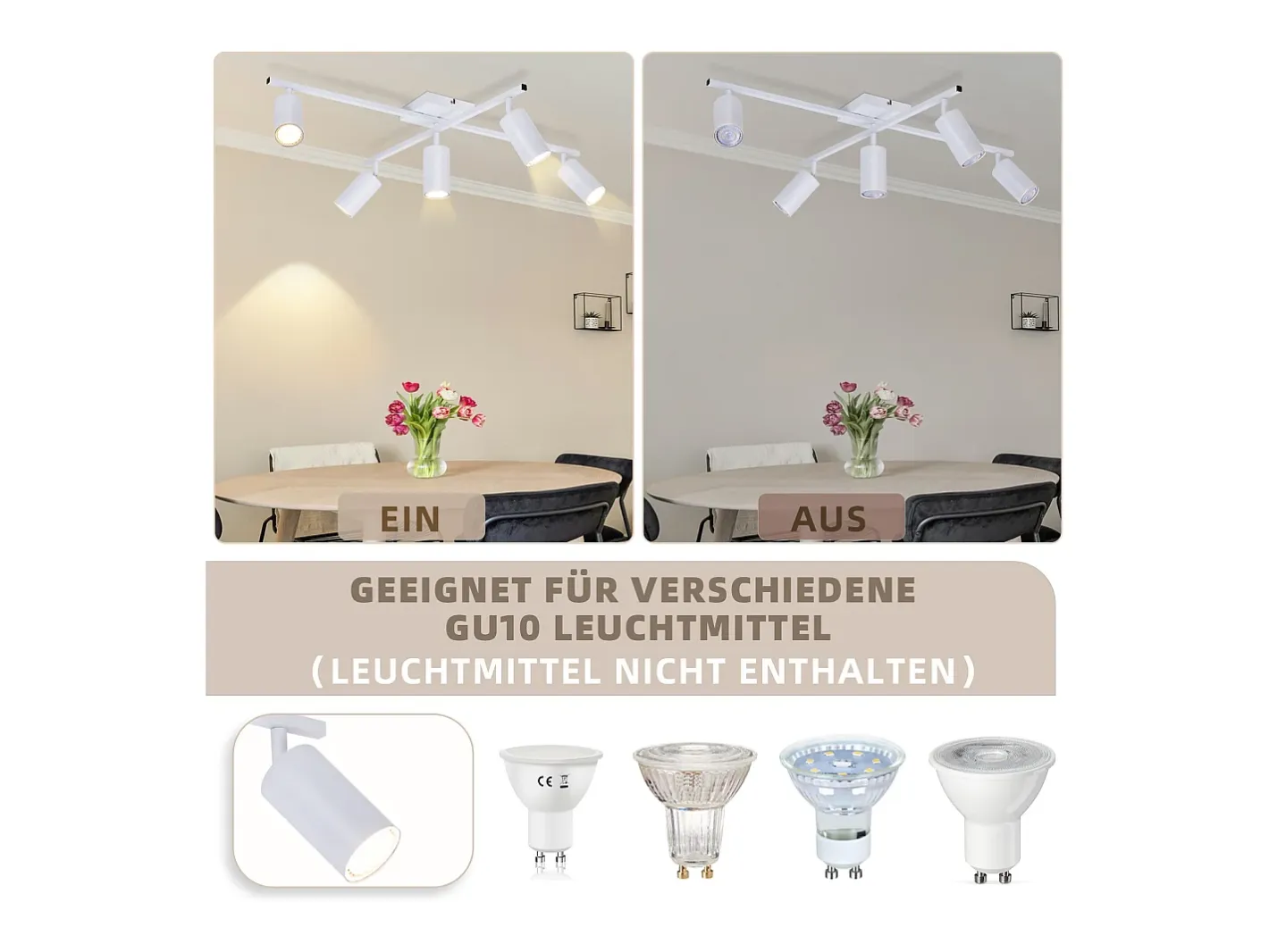 NETTLIFE Plafón-Lámpara de techo LED blanca GU10, 5 luces, moderna, para salón, giratoria 330°, industrial Blanco