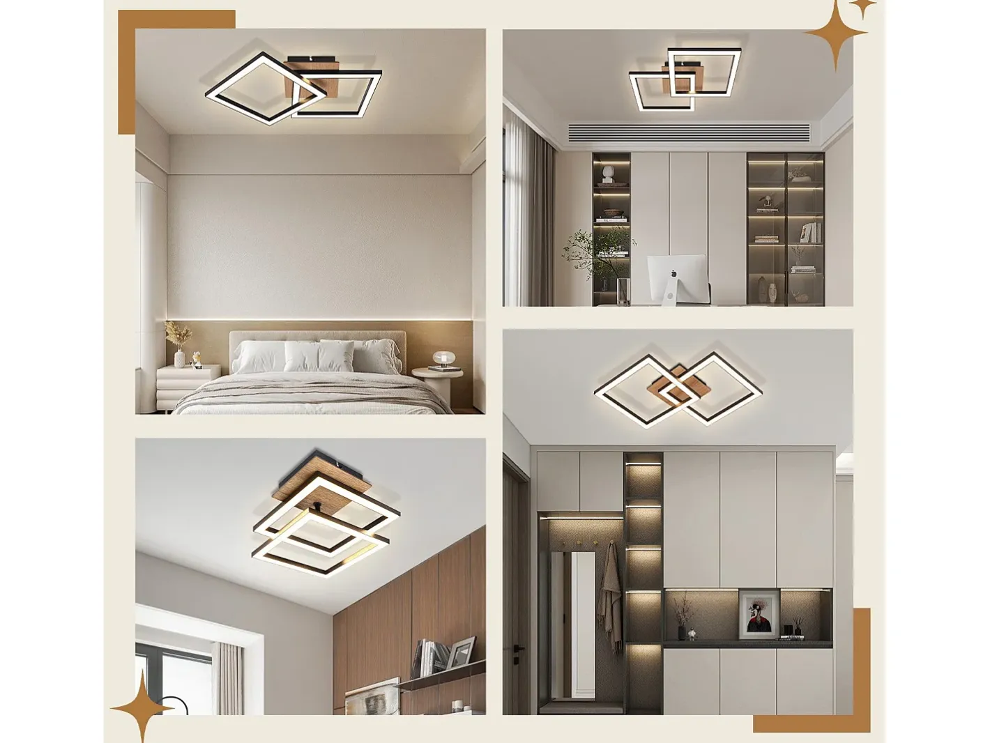 NETTLIFE Plafón-Lámpara de techo LED negra de madera, 3000K, luz blanca cálida, diseño moderno, 24W Negro