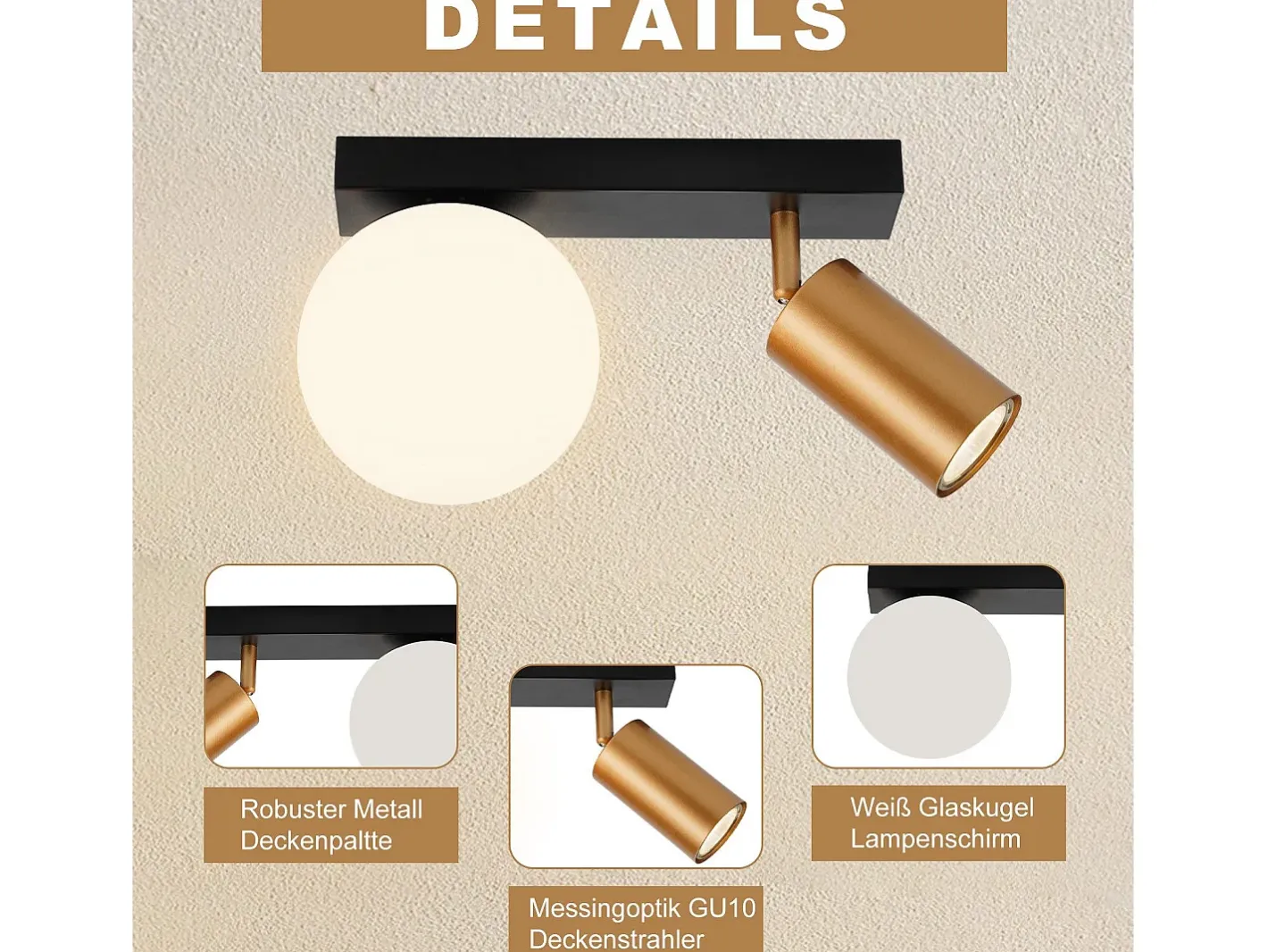 NETTLIFE Plafón-Lámpara de techo de 2 luces Lámpara de techo vintage de metal con dorado GU10 E14 Negro