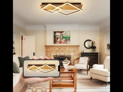 NETTLIFE Plafón-Lámpara de techo LED de madera regulable, 55 cm, cuadrada, para dormitorio, moderna, geométrica, 36 W, para sala de estar, con control remoto Marru00f3n