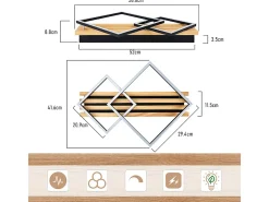 NETTLIFE Plafón-Lámpara de techo LED de madera regulable, 55 cm, cuadrada, para dormitorio, moderna, geométrica, 36 W, para sala de estar, con control remoto Marru00f3n