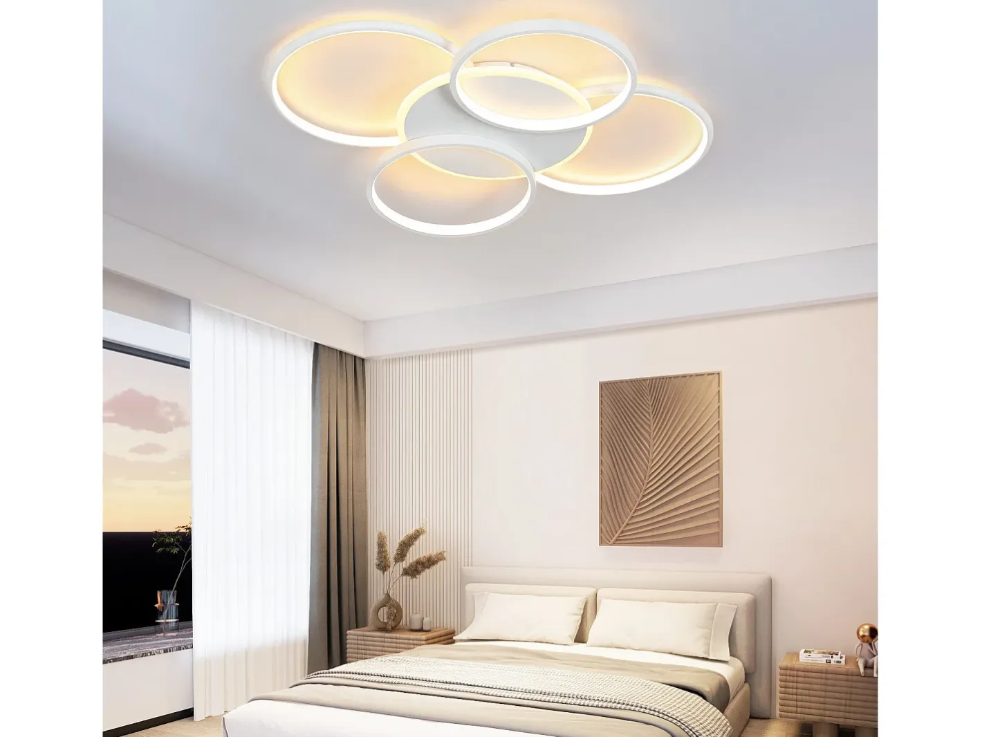 NETTLIFE Plafón-Lámpara de techo LED para sala de estar regulable de 70 W con control remoto, 5 anillos, acrílico moderno regulable Blanco