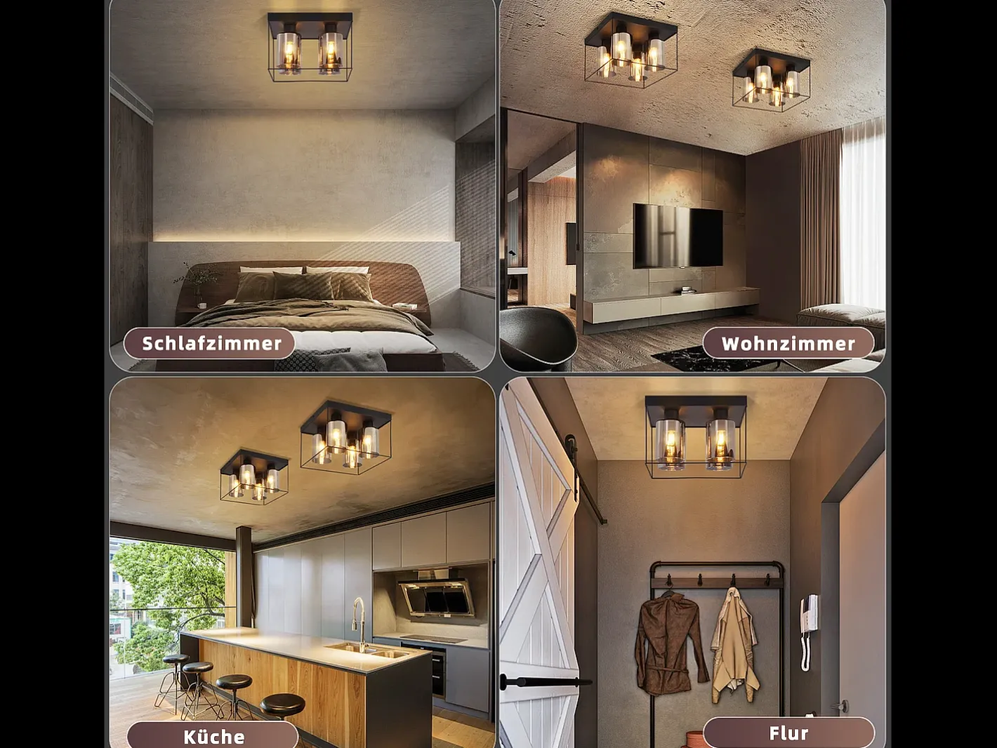 Outlet NETTLIFE Lámpara de techo para salón, cristal, 4 bombillas, E27, estilo industrial vintage, metal, , retro Negro