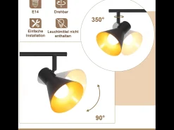 NETTLIFE Plafón-Lámpara de Techo de Cocina Negra de 2 Focos 2 Bombillas E14 Vintage Giratoria 330° Industrial Retro Metal para Entrada de Oficina Negro
