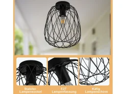 NETTLIFE Lámpara de techo negra vintage industrial retro para pasillo E27, 1 bombilla, redonda, de metal Negro Best