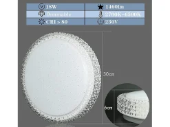 NETTLIFE Lámpara de Techo LED con Control Remoto Regulable 18W, Diámetro 30cm, Cielo Estrellado de Cristal Moderno, Adecuada para Dormitorio, Blanco Best