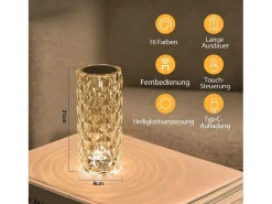 NETTLIFE Lámpara LED mesa inalámbrica, mesita noche, RGB táctil recargable, Dormitorio, Control remoto 16 colores Transparente