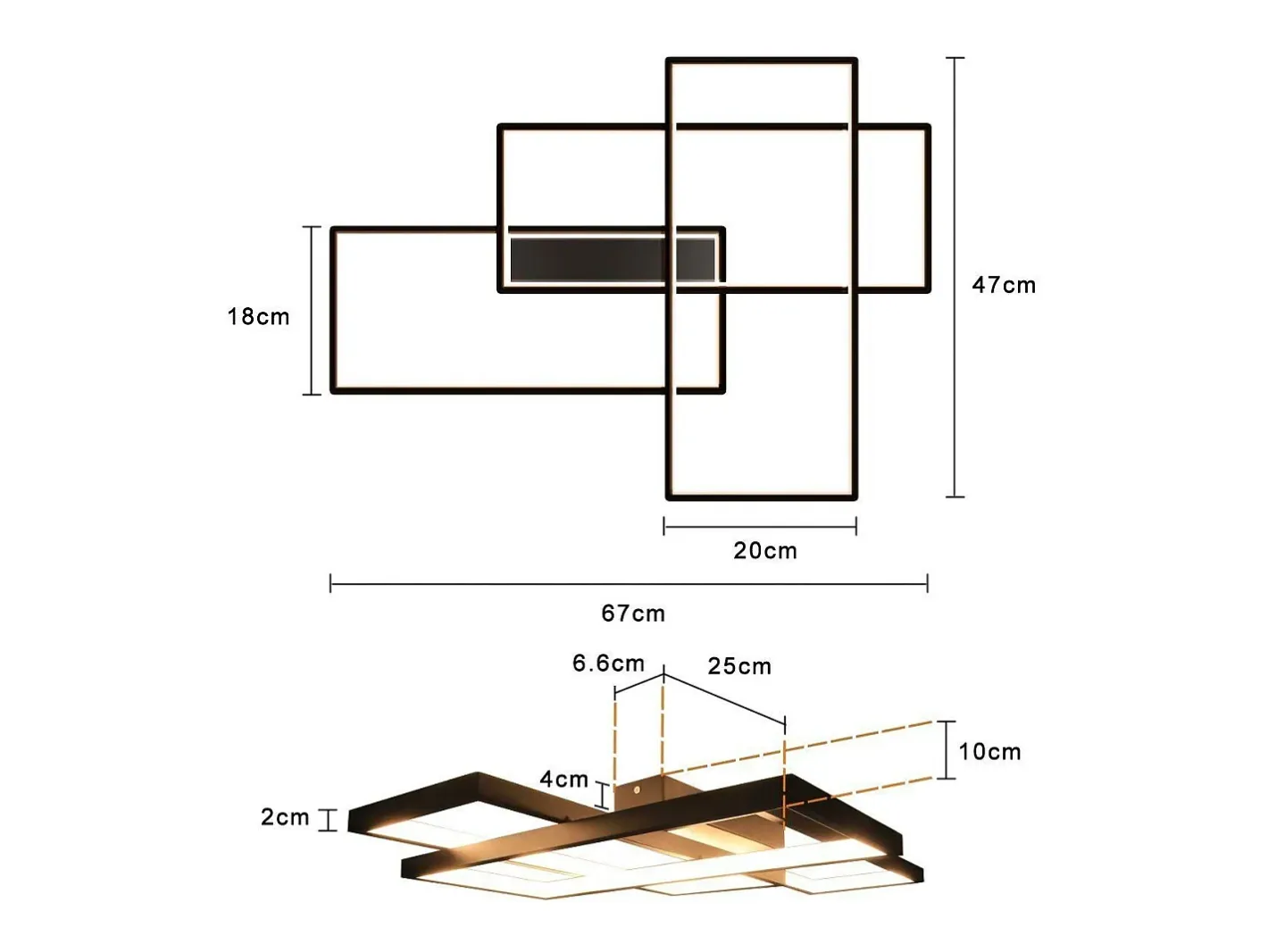NETTLIFE Plafón-Lámpara techo LED, Iluminación moderna 3 cuadrados, 67x47x10cm, Metal 35W, Pared, , 3000K Negro