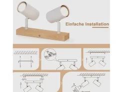 NETTLIFE Plafón-Luz de techo con 2 bombillas de madera GU10, blanca, lámpara de pasillo interior moderna, con un ángulo de 350° para salón y dormitorio. Marru00f3n