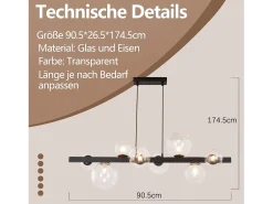 NETTLIFE Lámpara Suspendida-Mesa de comedor suspendida, lámpara de techo para salón, suspensión G9, suspensión de 8 bombillas transparentes. Gris antracita