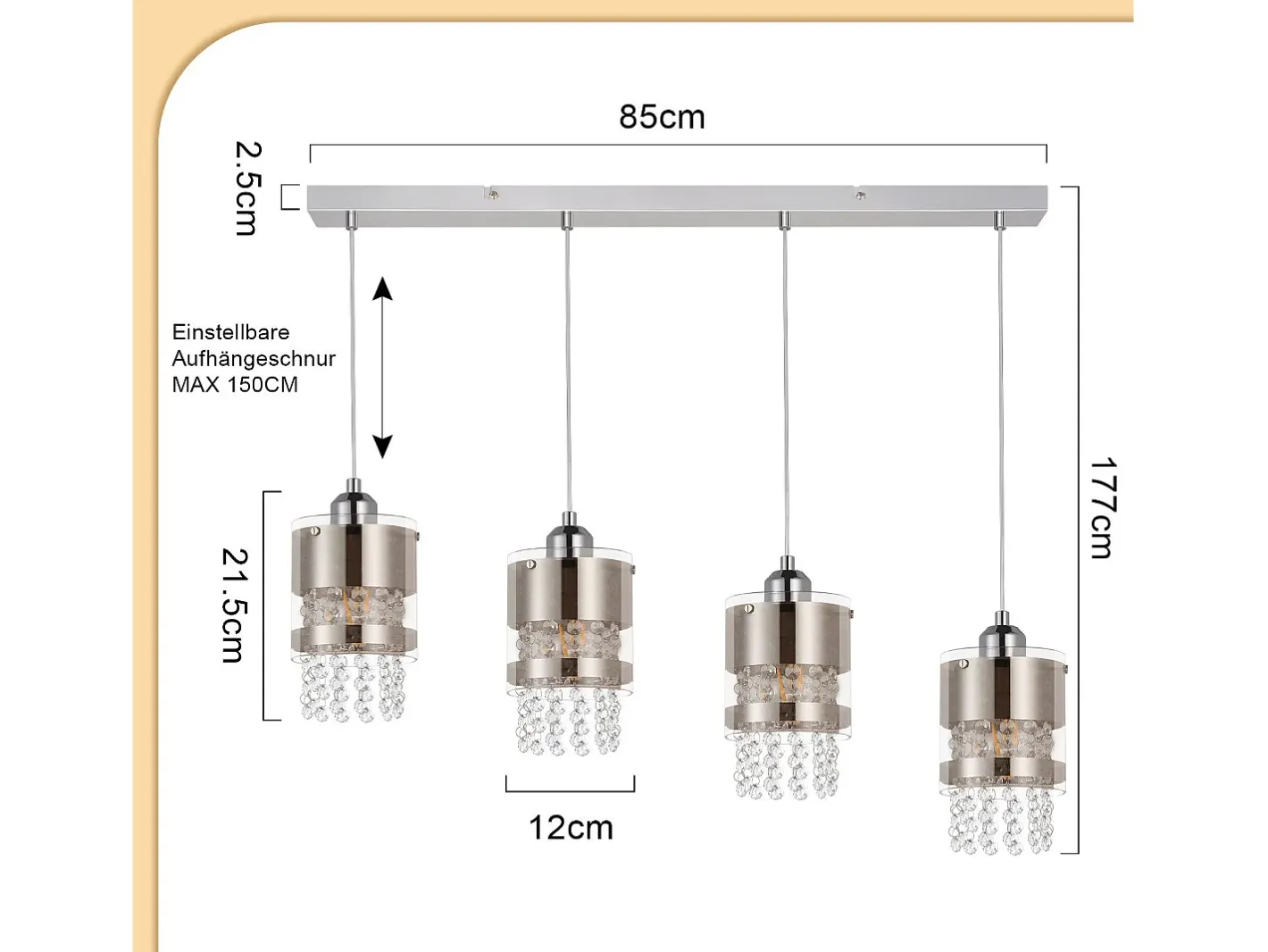 Discount NETTLIFE Mesa de comedor suspendida moderna de cristal, con 4 lámparas E27 suspendidas, 150 cm, altura regulable. Plateado
