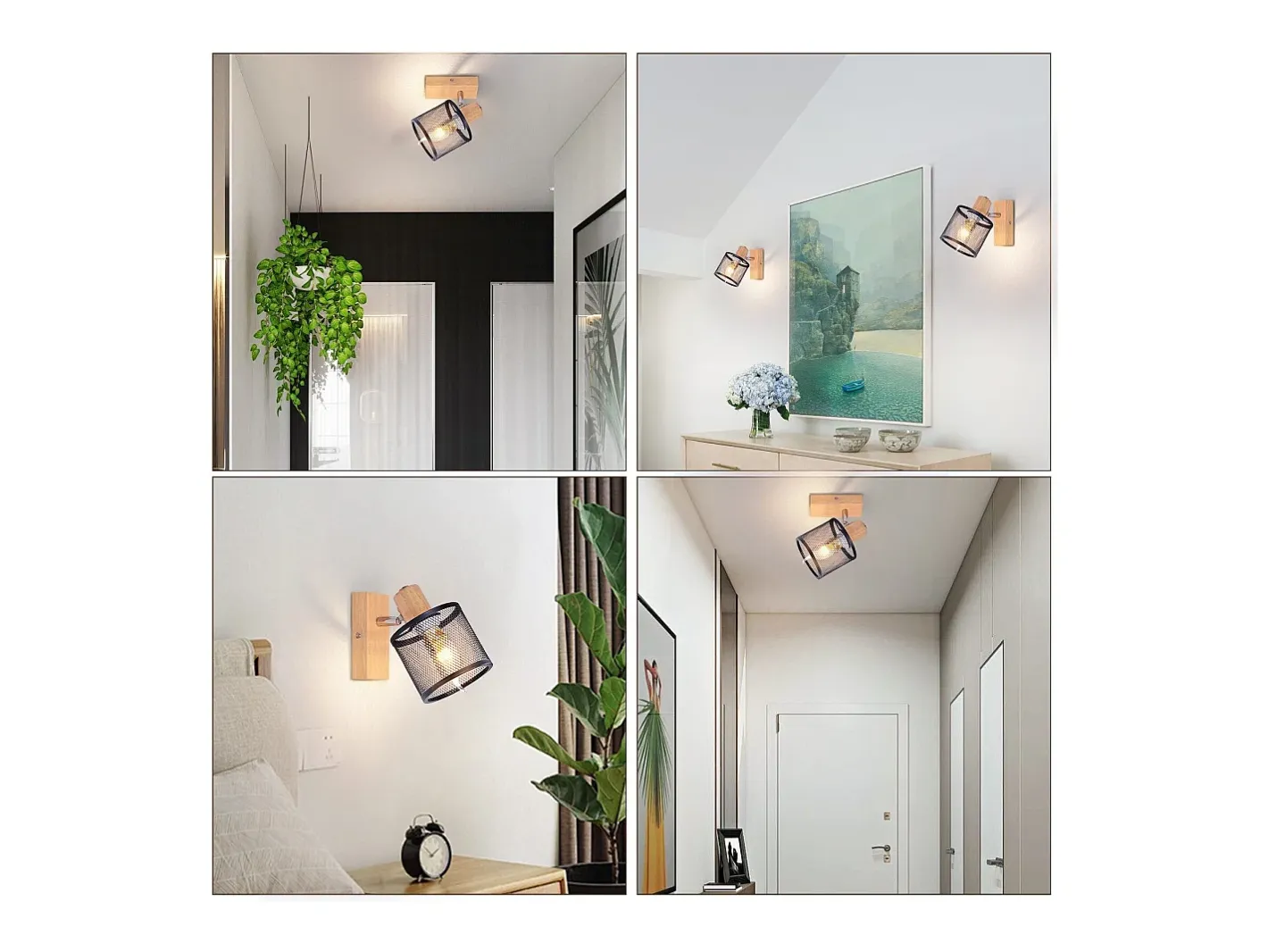 NETTLIFE Plafón con 1 Foco, negro, de aspecto de madera - Plafón E14 giratorio 350°, hasta 4 bombillas de máximo 40w, moderno para sala, dormitorio y cocina. Blanco