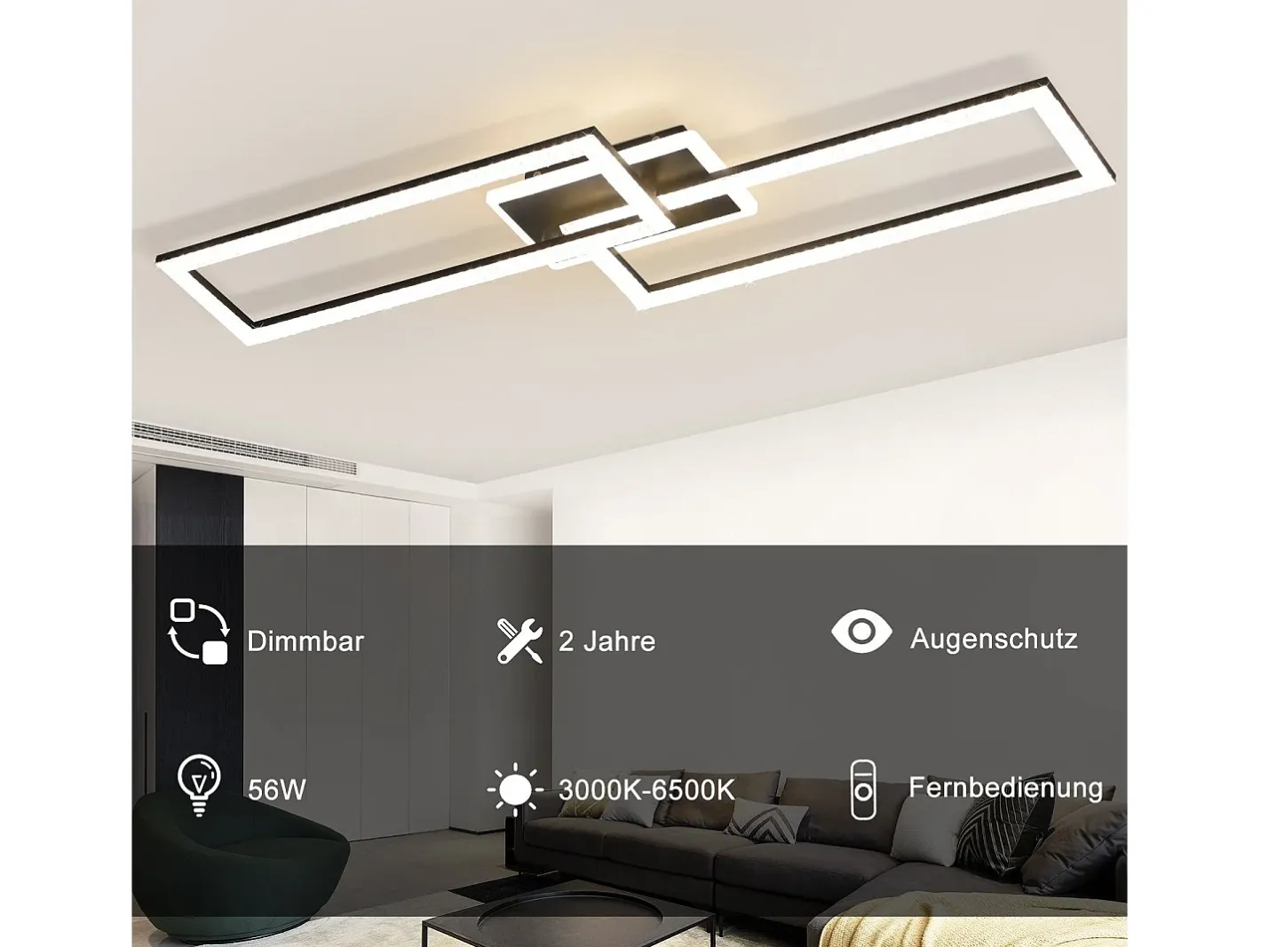 NETTLIFE Plafón-Plafón LED regulable diseño moderno 56W Negro