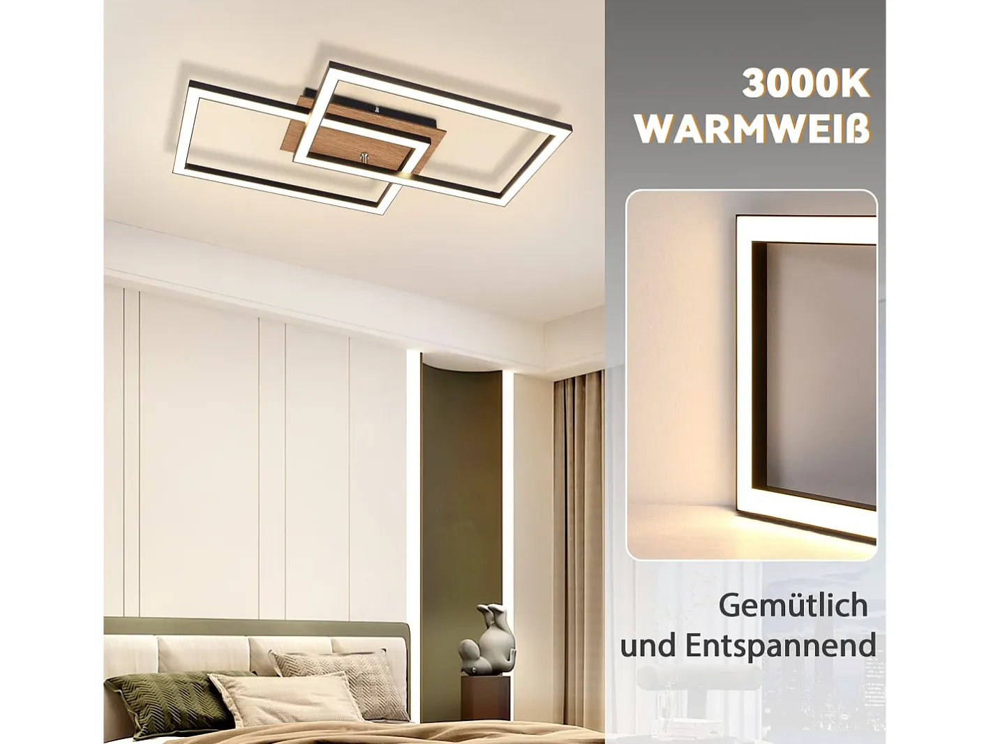 NETTLIFE Plafóndoro LED Moderno, Plafóndoro de Madera, 3000K, Blanco Cálido, , Diseño Rectangular, 24W. Negro Hot