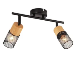 NETTLIFE Plafón-Plafonario con 2 Bombillas focales de techo, spots vintage de madera, giratorios 350°, E14, retro. Negro