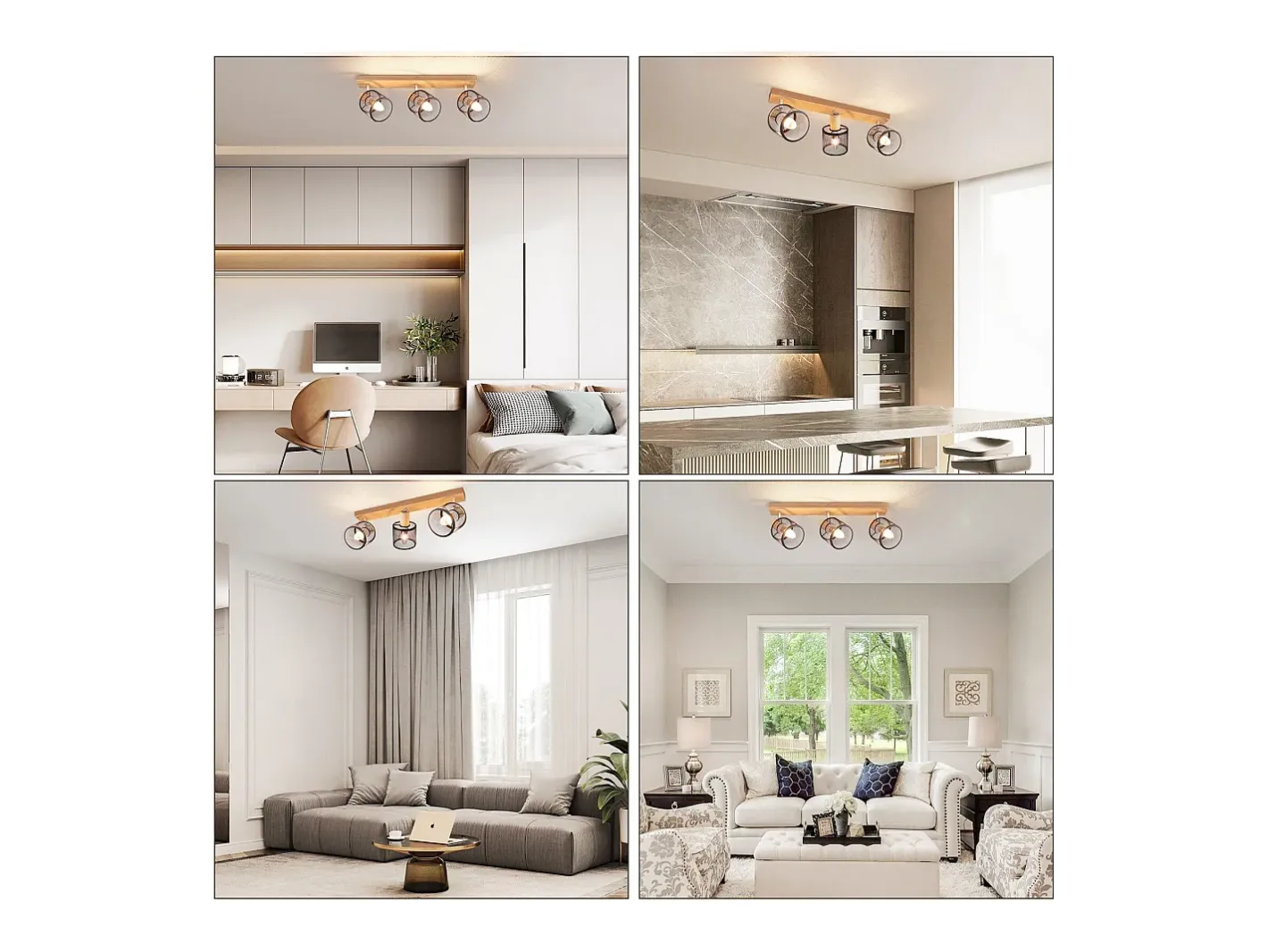 NETTLIFE Plafonario de 3 focos, aspecto negro, de madera - plafonario E14 giratorio 350°,máximo 4 bombillas de 25 w, moderno para salón, dormitorio y cocina. Blanco New