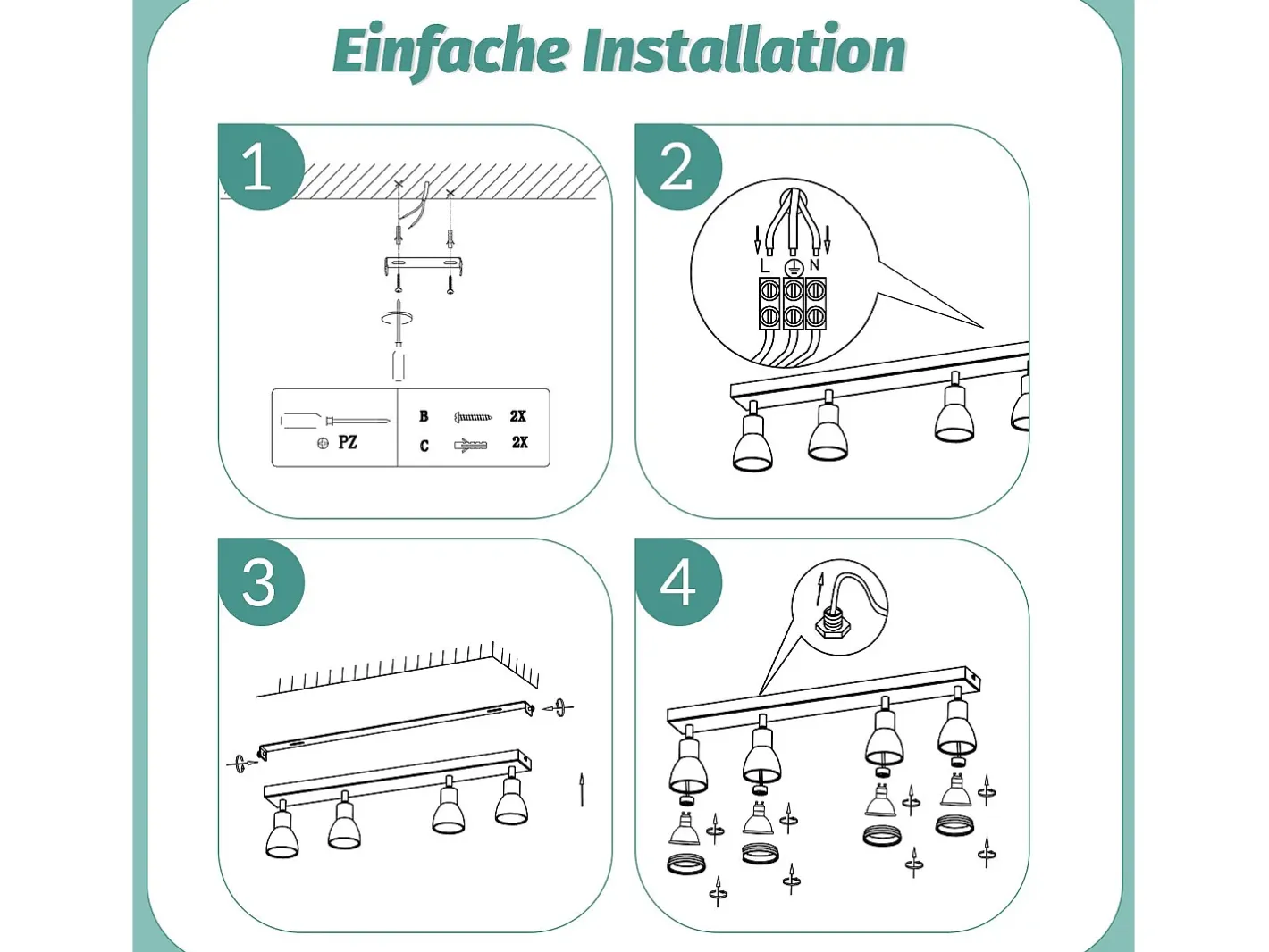 NETTLIFE Plafonario de 4 focos : Plafonario metálico con focos GU10 giratorios para interiores, para cocina, oficina, salón y dormitorio, sin bombillas. Blanco
