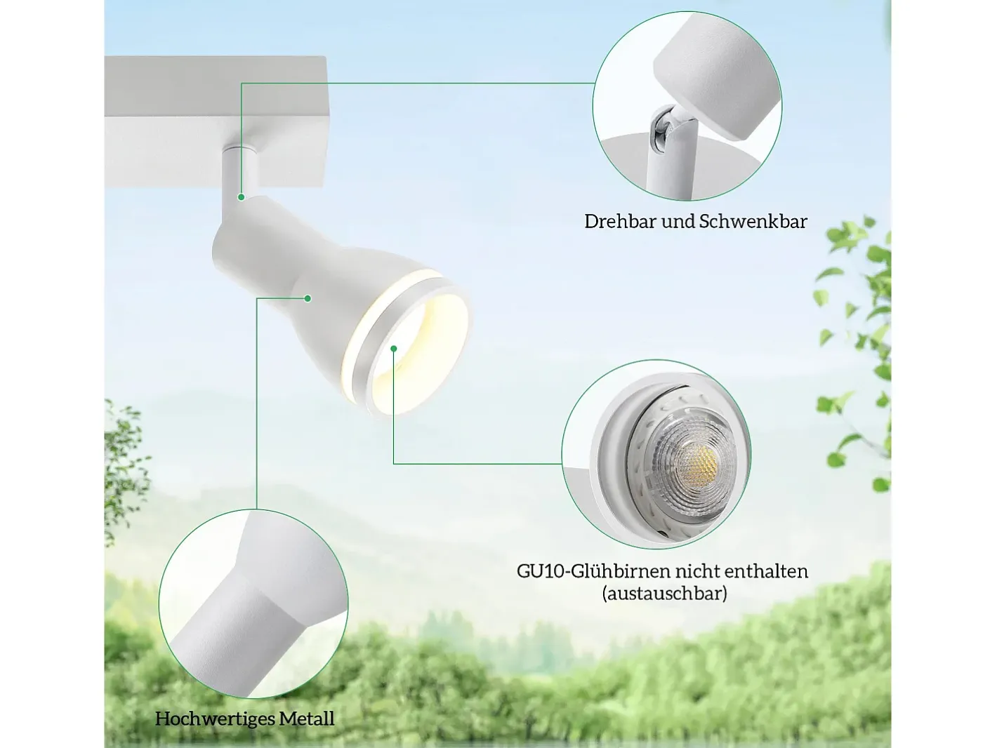 NETTLIFE Plafonario de 4 focos : Plafonario metálico con focos GU10 giratorios para interiores, para cocina, oficina, salón y dormitorio, sin bombillas. Blanco
