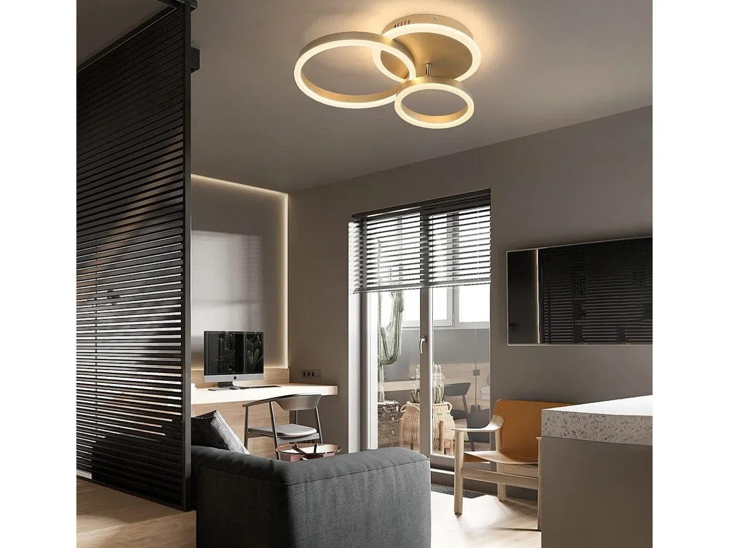 NETTLIFE Plafonario LED de intensidad variable, diseño en anillo, con mando a distancia moderno, 46W. Dorado