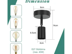 NETTLIFE Spot E27 lámpara de pared vintage negra lámpara de cocina giratoria de 350° para salón, dormitorio máx.40 W Negro Clearance