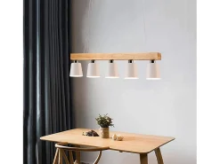 NETTLIFE Suspensión 5 bombillas E27 blanca moderna Lámpara de comedor de metal y madera Diam.102cm para cocina salón pasillo hotel Blanco