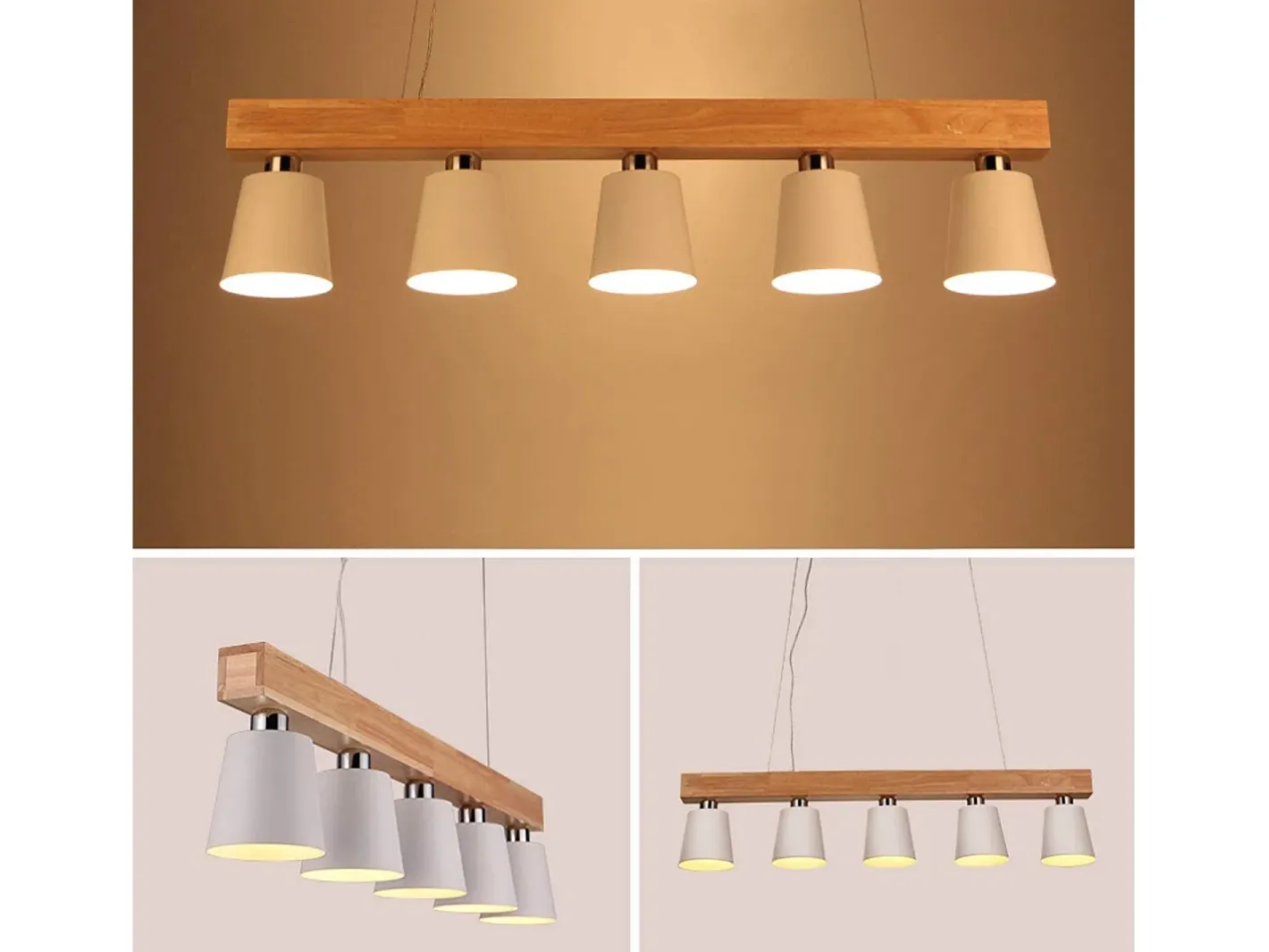 NETTLIFE Suspensión 5 bombillas E27 blanca moderna Lámpara de comedor de metal y madera Diam.102cm para cocina salón pasillo hotel Blanco