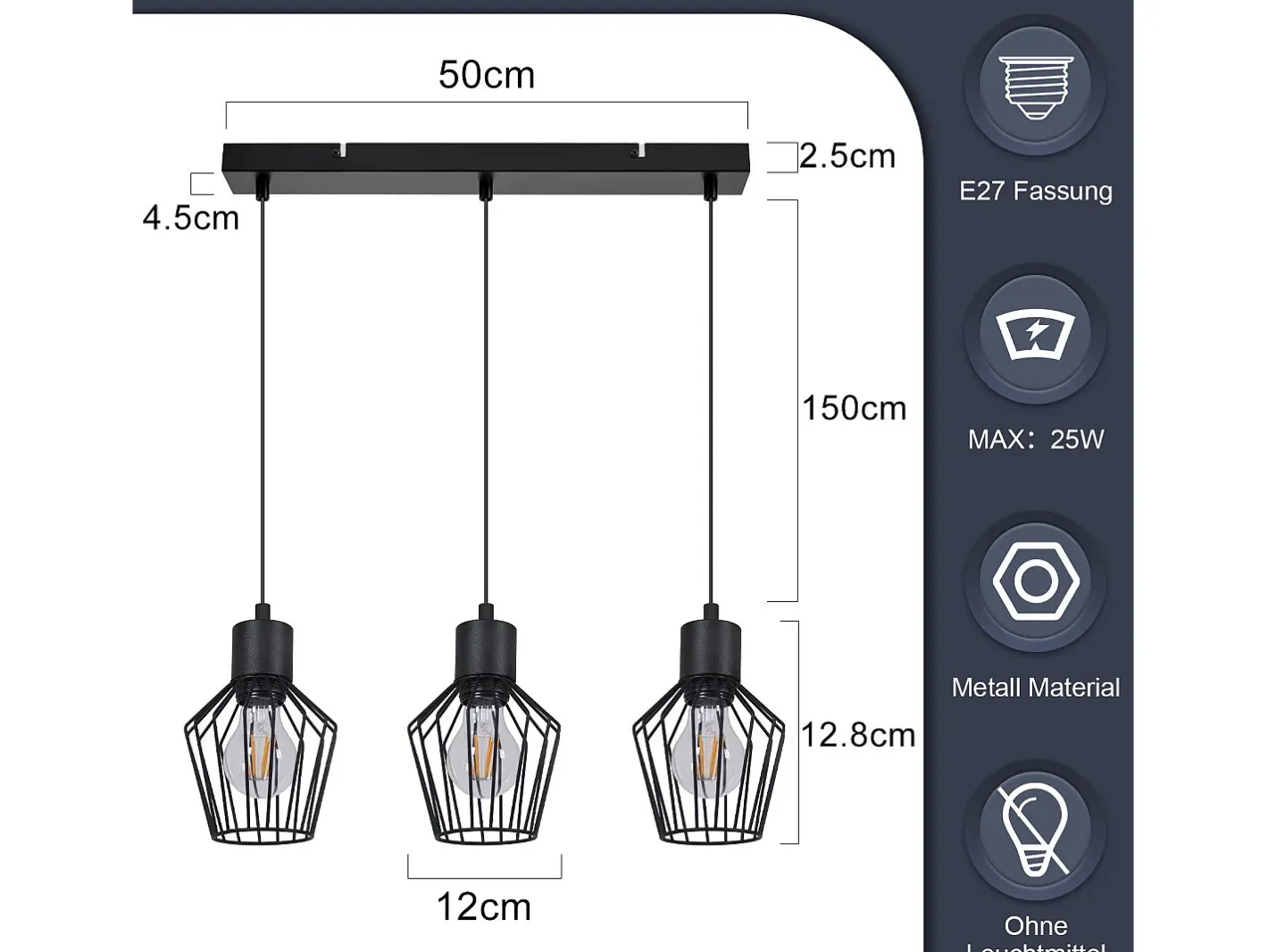 NETTLIFE Suspensión con 3 llamas, suspensión metálica industrial negra, LED E27, metálica. Negro Outlet