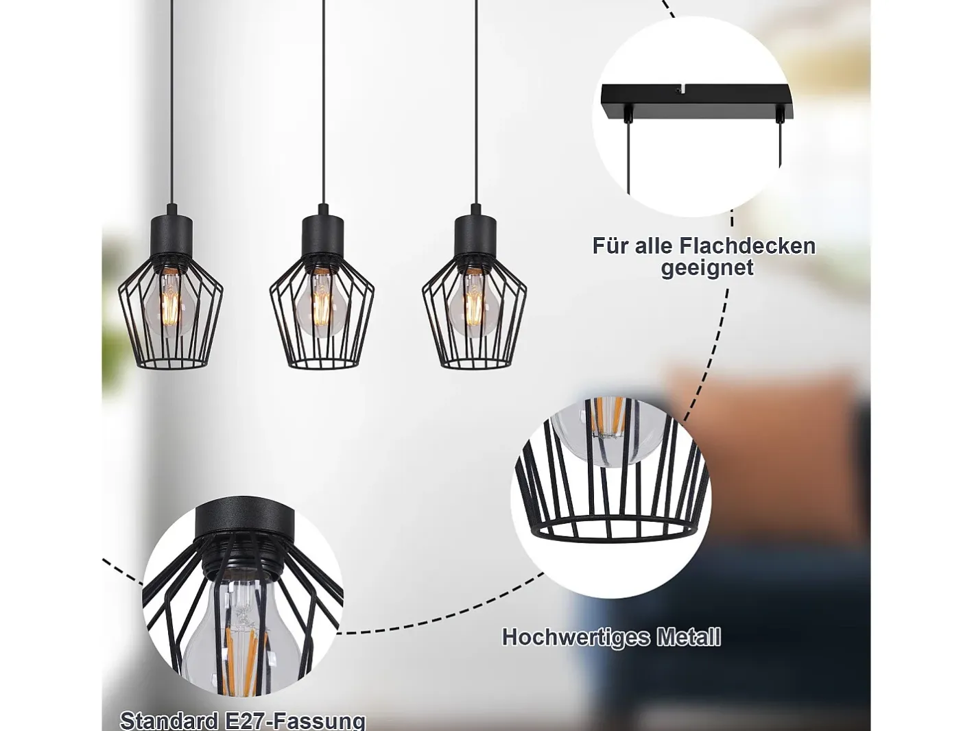 NETTLIFE Suspensión con 3 llamas, suspensión metálica industrial negra, LED E27, metálica. Negro Outlet