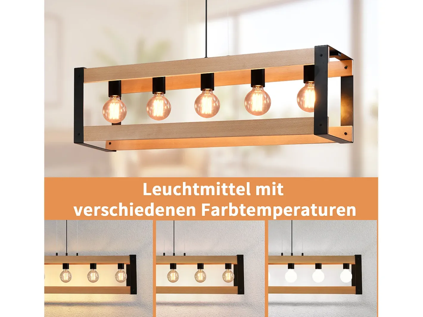 Online NETTLIFE Suspensión de lámpara para comedor vintage de madera negra E27, 5 llamas, mesa para comer industrial. Negro