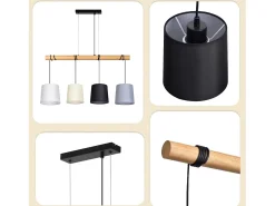 NETTLIFE Lámpara Suspendida-Suspension 4 Ampollas E27 Vintage Diam.80cm multicolor Madera con Tela pantalla para Comedor, Salón, Oficina Negro