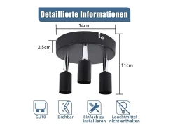 NETTLIFE Plafón-Techo de 3 Focos GU10 de Metal Orientable Estilo Industrial para Interior Cocina Salón Dormitorio Negro