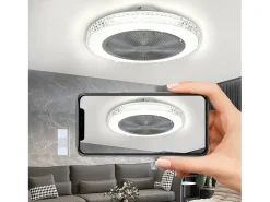 NETTLIFE Plafón-Ventilador de techo LED con control remoto, silencioso, 48,5cm, ajustable, temporizador, cristal, para salón/dormitorio. Blanco