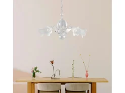 Hot Olga - Lámpara de araña de hierro lacado en con decoración. Difusores de plata antigua y cristal d. 14 alabastro 5 luces 103 - Ø68 Blanco