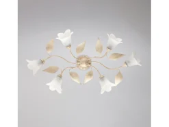 Plafón-Olga - Lámpara de techo en hierro lacado marfil con decoración. Difusores de oro antiguo y cristal d. 14 alabastro blanco 6 luces L. 70 X 52 Dorado