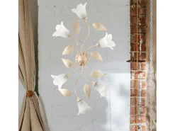 Plafón-Olga - Lámpara de techo en hierro lacado marfil con decoración. Difusores de oro antiguo y cristal d. 14 alabastro blanco 6 luces L. 70 X 52 Dorado